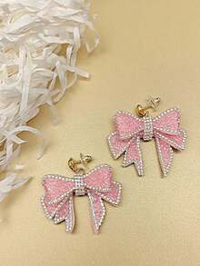 2pcs Fashionable Cute Big Bow Dangle Earrings With Sparkling Pendants, Pink Earrings Suitable For Daily Wear, Parties & Gatherings - Hồng - Xem 3