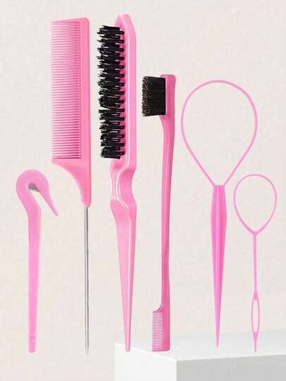 Set de 6 piezas de herramientas para peinado en color rosa - Peine de cola de rata, cepillo para esponjar, 2 piezas de herramientas para trenzas francesas, para trenzar y hacer peinados DIY, esenciales de belleza para salón, viaje y vuelta al colegio, accesorios para el cabello de mujer, artículos esenciales de viaje