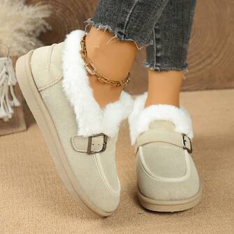女式纯色休闲魔术贴平底鞋，冬季户外