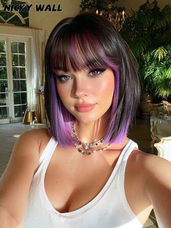 NICKY WALL 10 Inch Short Purple Highlights Wigs For Women, Elegant Fluffy Bob Straight Wig With Bangs, High Density Fluffy Synthetic Heat Resistant Fiber Hair Wig For Daily Party Use,Presents - Beginners Glueless Wig Accessories