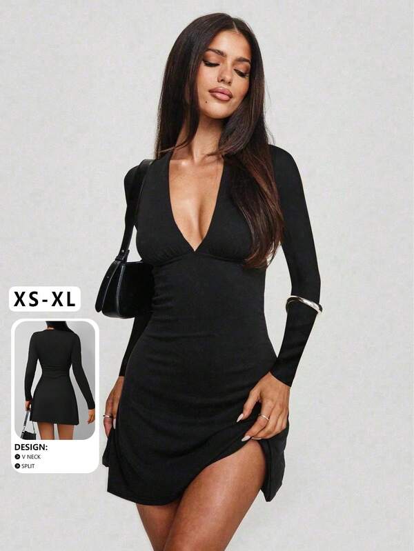 Vestido corto de manga larga con cuello en V profundo, fruncido y bajo en línea A, de moda y sexy, nueva llegada para el otoño