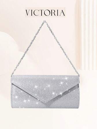 1 件银色迷你闪光信封包闪亮手拿包晚宴包带链条女士包