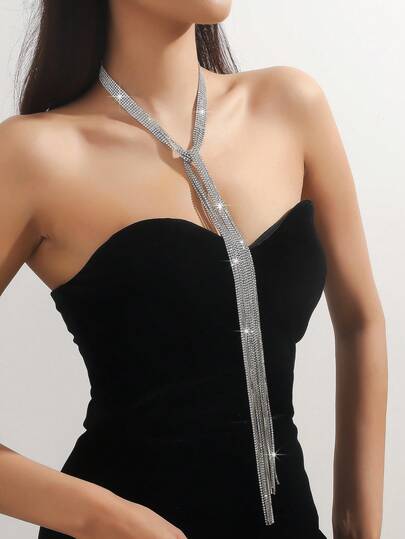 1pc Multi-Layer Crystal Rhinestone Tassel Necklace, Suitable For Evening Gown, Daily Wear