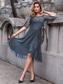 MIUSOL Floral Lace Boat Neck Half Sleeve Chiffon Ruffle Hem Prom Party Swing Dress, A-Line Dress, Offer Shoulder Dress, Wedding Guest Dress, Spring Dress, Mother's Day Dress - Grey - View 8