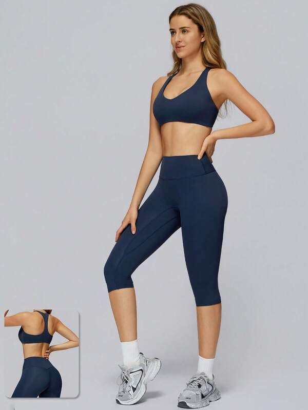 MASKERT Women's Sports Set: Racerback Sports Bra + High - Waisted Capri Yoga Pants, Skin - Friendly & Slim - Fitting, 2 - Piece Set For Fitness And Training