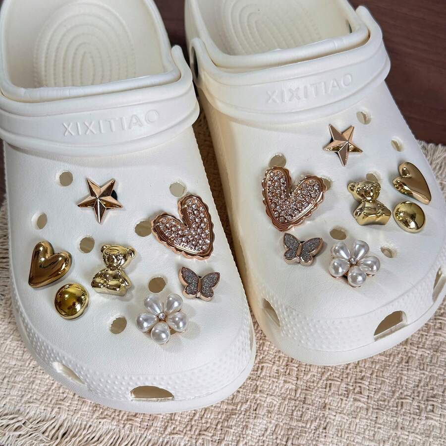 14 Pieces Of Gold Bear, Heart-Shaped, ABS Pearl, Rhinestone Heart-Shaped, Butterfly, Flower Shoe Clip DIY Decoration, Suitable For Women's Sandals, Slippers, Beach Bags, Perfect Gifts For Festivals And Birthday Parties