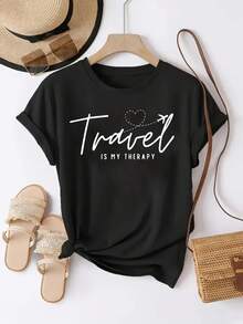 Women's Cotton T-Shirt, "Travel Is My Relax" Letter, Airplane & Heart Print, Black Loose Round Neck Short Sleeve Tee, Breathable For Summer Daily Wear - 黑色 - 查看 7