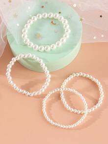 4pcs/Set Girls White Pearl Beaded Bracelet Set, Suitable For Daily Decoration - White - View 4