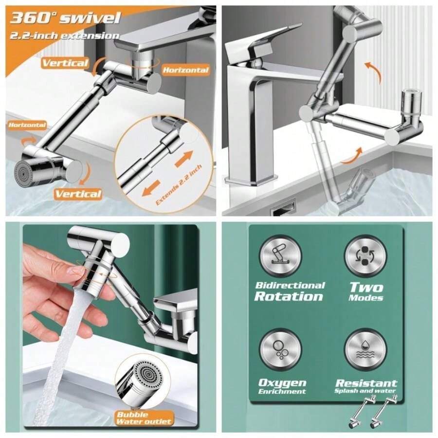 Extensor universal de llave giratorio de 1440 con 2 modos de pulverizacin, aireador ajustable sin salpicaduras para lavabos de cocina y bao, accesorio de llave Timnamy, para lavar el cabello/cara - plateado + 1 - Ver 1