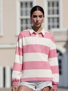 Women Striped Fall Tops Casual Loose Half Button-Up Collared Long Sleeve T-Shirts  Streetwear - Red - View 2