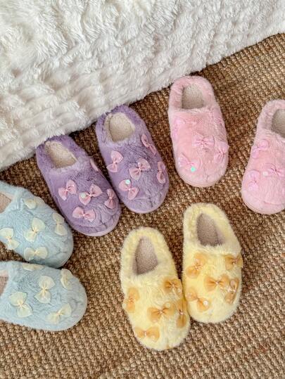 Damen Gelbe Schleife Dekor Lässige Flauschige Plüsch Verdickte Sohle Hausschuhe, Warme Innenraum Schuhe für Herbst/Winter