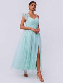 Women's Summer Solid Color Asymmetric Collar Mesh Patchwork Long Cap Sleeve Dress Elegant - Mint Green - View 6