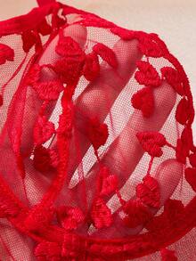 2PCS Women's Red Bow Embroidered Floral Sexy Lingerie Set, Semi Transparent Hollow Cute Floral Women's Two Pieces Set, Halloween Style Hot Party Gift