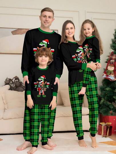 Women's Christmas New Bestselling Pajamas, Christmas Dinosaur Letter Print Long Sleeve Top And Black Green Plaid Pants, Casual Christmas Homewear Sleepwear 2 Piece Set