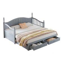 Solid Wood Pull-Out Sofa Bed 90/180*190 Cm, With Roman Columns, With Curved Backrest And Armrests, With Drawers And Slatted Frame, Multifunctional Bed Made Of Pinewood, Grey - Grey + Wood + 90cm*190cm - View 7