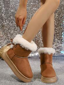 Botas de nieve de suela gruesa con lazo de unicolor, 2025. Botas cortas de invierno para mujer, acolchadas y cálidas para fiestas/uso casual, para ir al trabajo/esquí al aire libre con forro térmico antideslizante