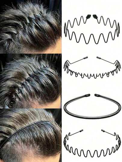 5pcs Retro Simple Iron Hairband Set - Unisex Invisible Wave Headband, Black Metal Wave Shaped Hair Hoop, With Sports Invisible Rear Head Pressure Fixed Headband, Invisible Sports Simple Men's Hairband, No Hair Clip Design Simple Hairband, Solid Color Wave Shaped Invisible Hairband Set, Head Accessories