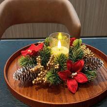 1pc Artificial Flower Candle Holder Wreath, Rustic Pinecone & Berry DIY Floral Wreath, Home Decor Tabletop Centerpiece, Suitable For Christmas, Thanksgiving, Winter Holidays - Multicolor - View 5