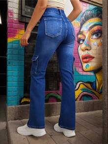 "Pantalón Cargo de Mezclilla Azul para Mujer, Corte Wide Leg Recto, Tiro Alto, Confort y Estilo Urbano Juvenil" - Azul - Ver 5