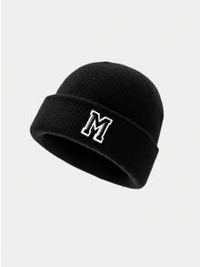 1pc A-Z Letter Kids Knit Beanie Hat, Solid Color Warm Knitted Cap, Suitable For Boys And Girls, Suitable For Outdoor And Daily Wear - Black - View 9