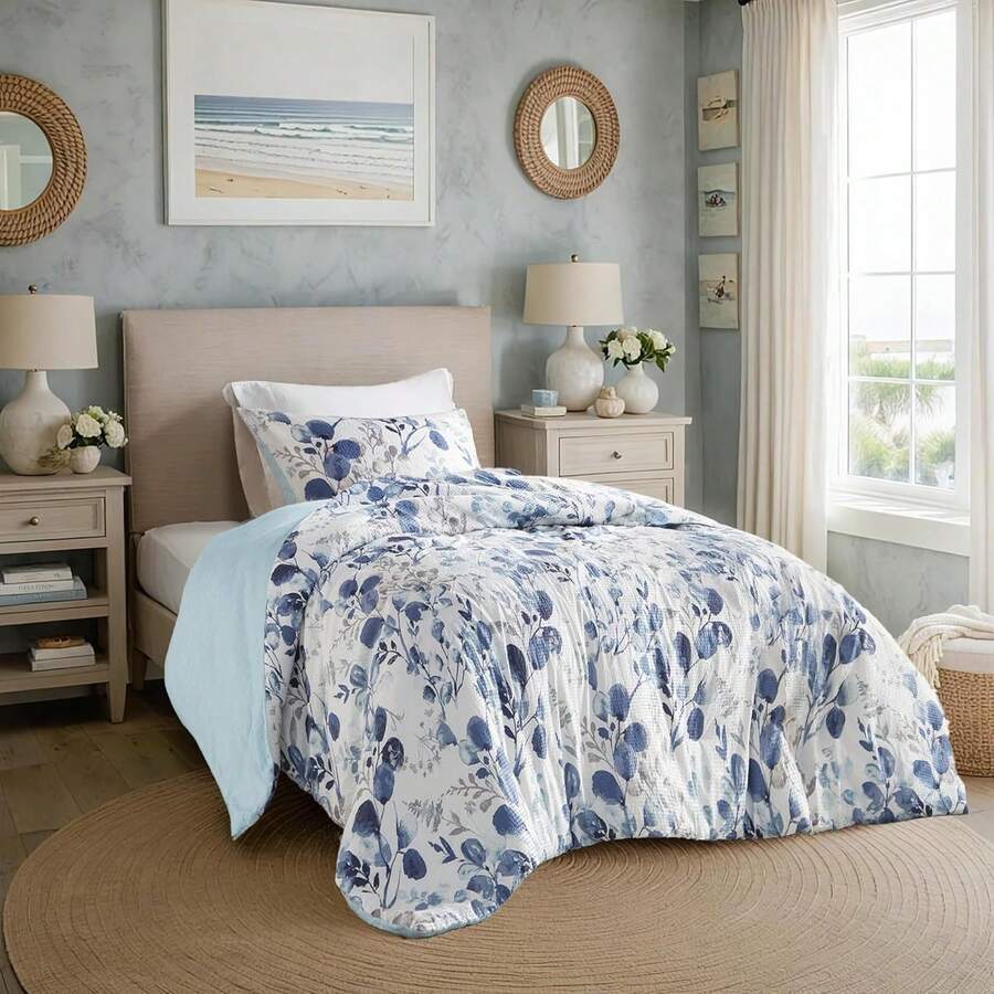 Lightweight Seersucker Botanical Comforter Set Twin Size, Reversible Design With Striped Print, Premiuicrofiber Bedding Set, Comforter And Sham Set, Navy/Blue,24191367 - Navy - 查看 1