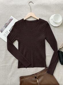 Apperloth A Women's V Neck Cable Knit Sweaters Long Sleeve Ribbed Fitted Basic Pullover Tops Business Casual Lightweight Slim Fit For Spring Fall Clothes - Dark Brown - View 5