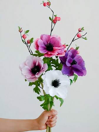 Real Touch Silk Artificial Anemone Bouquet, Christmas Style Red & White Color Round Bloom Design, Elegant Faux Flower Arrangement For Holiday Table Decor, Winter Home Decoration / Christmas Gift