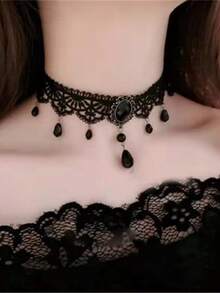 1pc Gothic Lace Collar Chain Black Crystal Tassel Necklace, Punk Chic Necklace Choker Suitable For Daily, Party, Street Wear - Black - View 10