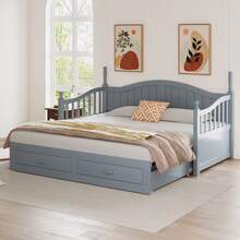 Solid Wood Pull-Out Sofa Bed 90/180*190 Cm, With Roman Columns, With Curved Backrest And Armrests, With Drawers And Slatted Frame, Multifunctional Bed Made Of Pinewood, Grey - Grey + Wood + 90cm*190cm - View 3