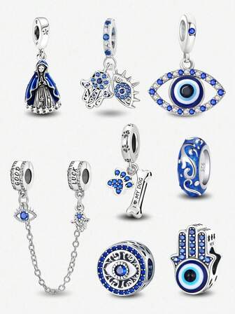 1 PC 925 Sterling Silver Blue Devil's Eye Palm Puppy Pendant Charm Pendant Ball Suitable For Bracelets DIY Women's Jewelry