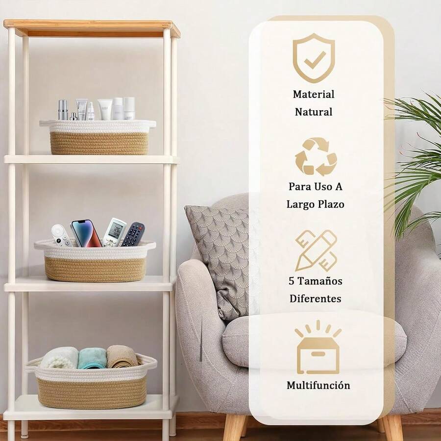 5 Piezas Canastas Organizadoras con Asa,Cesta Organizadora de Algodón,Caja Cestas de Almacenamiento,para Baño de Tela para Organizar Estantes,Baño,Juguetes,Clóset,Ropa,Maquillaje (Marrón + Blanco) - Marrón + Blanco - Ver 1