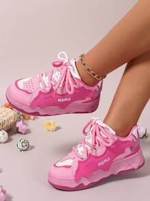 Women's Lace Up Shoes, Round Toe Thick Soled Shoes, European And American Style Sports Shoes, Fashionable Sports Shoes, Color Matching Sports Shoes, Metal Thick Soled Sports Shoes, Women's Sports Shoes, Lace Up Sports Shoes - 玫瑰紅 - 查看 13