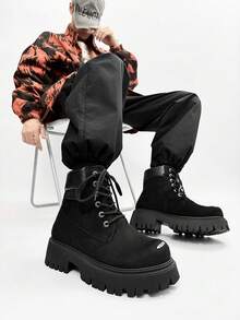 SLnU3 3pcs Men's Fashion High-Quality Casual Thick-Sole Elevated Boots, Dopamine Color, Minimalist Design, Punk Hip-Hop British Street Style, Versatile For All Seasons - Black - View 5