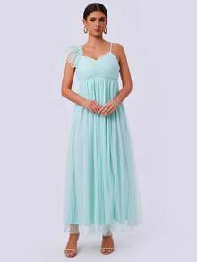 Women's Summer Solid Color Asymmetric Collar Mesh Patchwork Long Cap Sleeve Dress Elegant - Mint Green - View 2