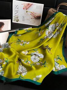 1pc Women's Luxury Floral Print Silk Satin Square Scarf, Fashion Versatile Headband And Bandana, Elegant Hair Scarf Or Shawl Wrap, Lightweight Neck Scarf For Tourism, Vacation, Daily Commuting, Leisure Outfits, And Chic Gift Accessories - 橄欖綠 - 查看 5