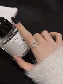 Wedding Jewelry Pearl, Double-Layered Rhinestone-Studded, Asymmetric, Adjustable Bride/Bridesmaid Open Ring, Also Suitable For Dating Or Couples Elegant - 金子 - 查看 4