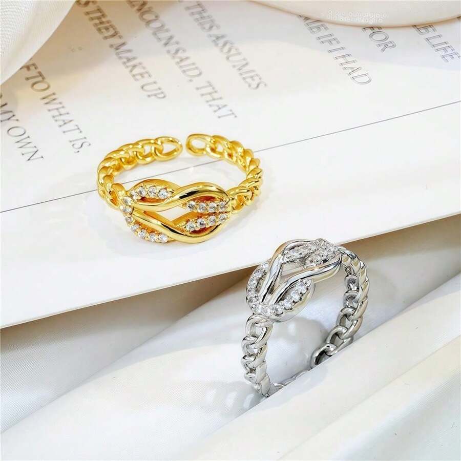 1 件时尚马蹄扣扭链几何方晶锆石戒指，18K 镀金奢华可调节开口戒指，适合女士 - 款式1 - 查看 1