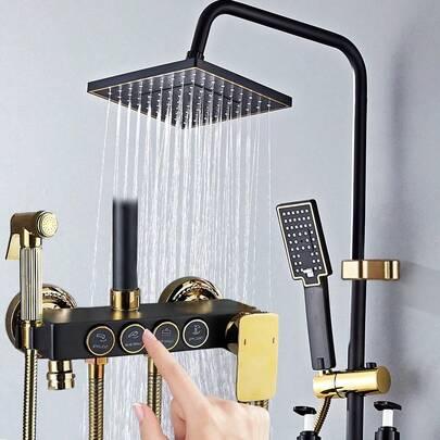 Shower Systems With 8-Inch Rain Shower Head And Handheld Sprayer, Black Gold Exposed Shower System, 4 Functions Tub Shower Faucet Sets, Rain Shower Head With Handheld Spray, Complete Shower System Kit With Brass Valve (Some Parts And Packaging May Vary) Bathroom Bathroom Accessories Bathroom Tools