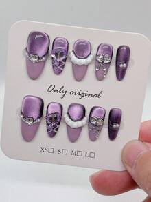 10 件紫色和绿色按压式纯手工法式猫眼秋季指甲 - 短棺材可重复使用假指甲，充满爱意，圣诞节指甲，万圣节指甲，易于涂抹的女性美甲，是派对婚礼日常的完美礼物 - 紫色 - 查看 8