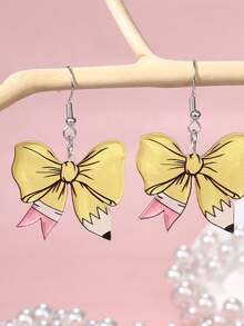 A Pair Of Teacher's Day Pencil Element Bowknot Shaped Acrylic Women's Earrings Suitable For The Back To School Season And The Beginning Of The School Season, Jewelry Gifts