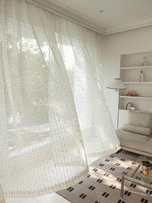 1pc Jacquard Translucent Geometric Pattern Linen Curtain - Japanese Linen Style, Rod Pocket Design, Suitable For Living Room And Bedroom - Sheer And Filtering Curtain, Living Room Curtain, Bedroom Curtain (180g Fabric Weight)