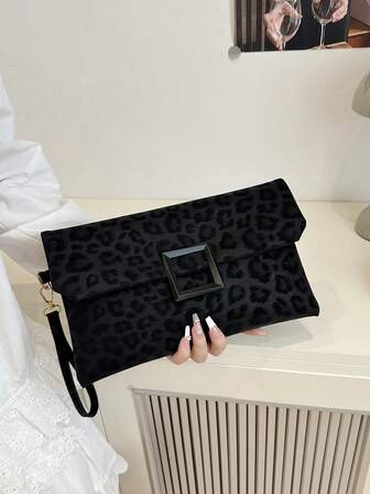Bolso de mano de mujer, bolso cuadrado pequeño con estampado de leopardo de moda, bolso con solapa