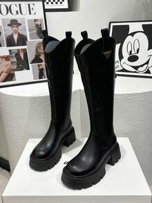 2025 秋冬新款黑色过膝长靴，厚底粗跟高跟靴，修身及膝马靴，适合娇小身材 - 黑色 - 查看 7