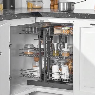 Organizer per mobili da cucina con 3 livelli e 6 ripiani, cestello portaoggetti in acciaio al carbonio cromato, organizer portaoggetti, apertura a sinistra e a destra, larghezza minima di apertura della porta 38 cm