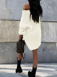 Women's V-Neck Fashionable & Elegant Solid Color Knitted Slit Long Sleeve Dress, Casual Everyday Wear