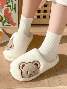 时尚可爱笑脸熊卡通防滑舒适毛绒家居拖鞋，女士冬季拖鞋，秋冬家居拖鞋 - 白色 - 查看 4
