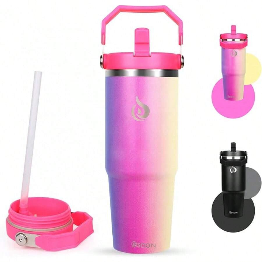 30OZ Termo al Vacío de Acero aislada con Pajita, Vaso de acero inoxidable,Botella de agua aislada al aspiradora para el hogar, la oficina o el coche, inoxidable con popote abatible