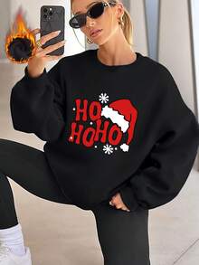 Hanorac damă cu imprimeu cu căciulă de Crăciun, imprimat cu "HO HO HO", design cu umeri căzuți, casual pentru toamnă/iarnă, gros și călduros, căptușit cu polar, guler rotund, negru, croială largă, versatil, potrivit pentru vreme rece, top cu mânecă lungă pentru femei - Negru - Vizualizare 3