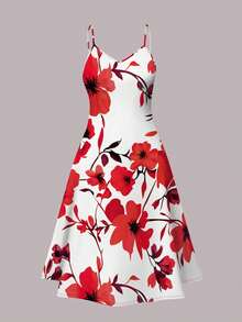 Conjunto de vestido tipo deslizador con estampado de flores vintage y cárdigan de unicolor para mujer de talla grande, para primavera/verano - Rojo - Ver 3