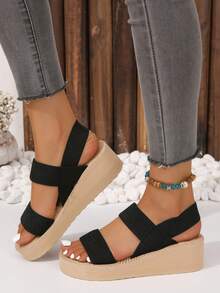 Women's Simple Double Strap Wedge Thick Sole Sandals, Black Flat Sandals, Fashion Wedge Outdoor Beach Holiday Wear - Black - View 2